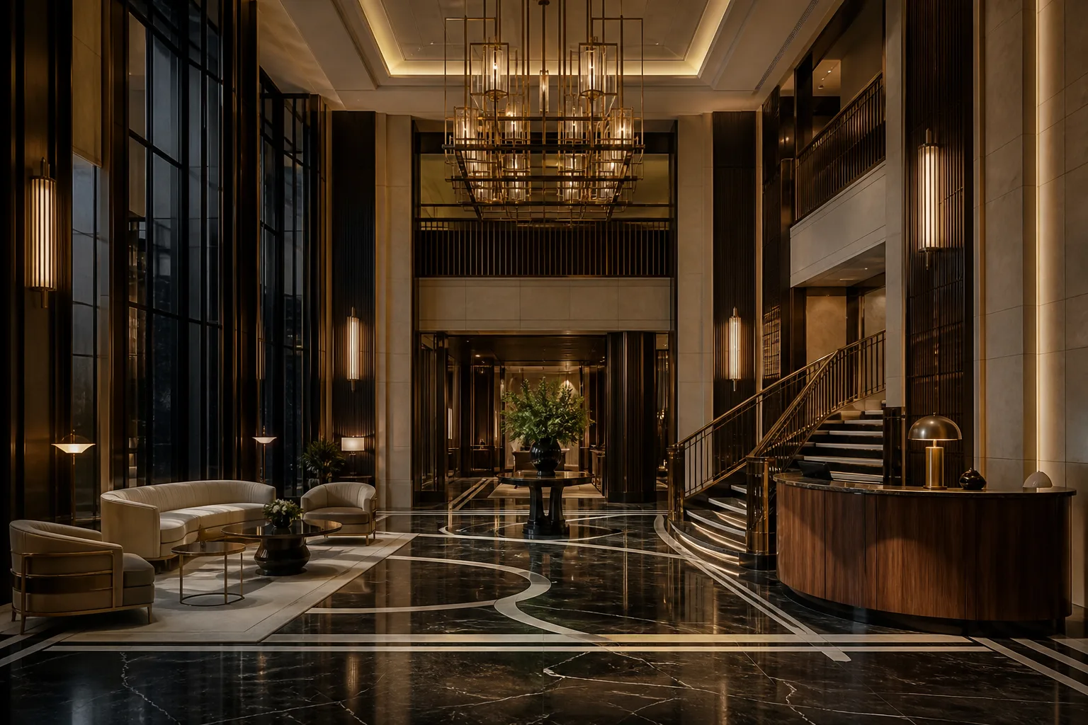 Grand lobby with marble floors and geometric brass chandelier