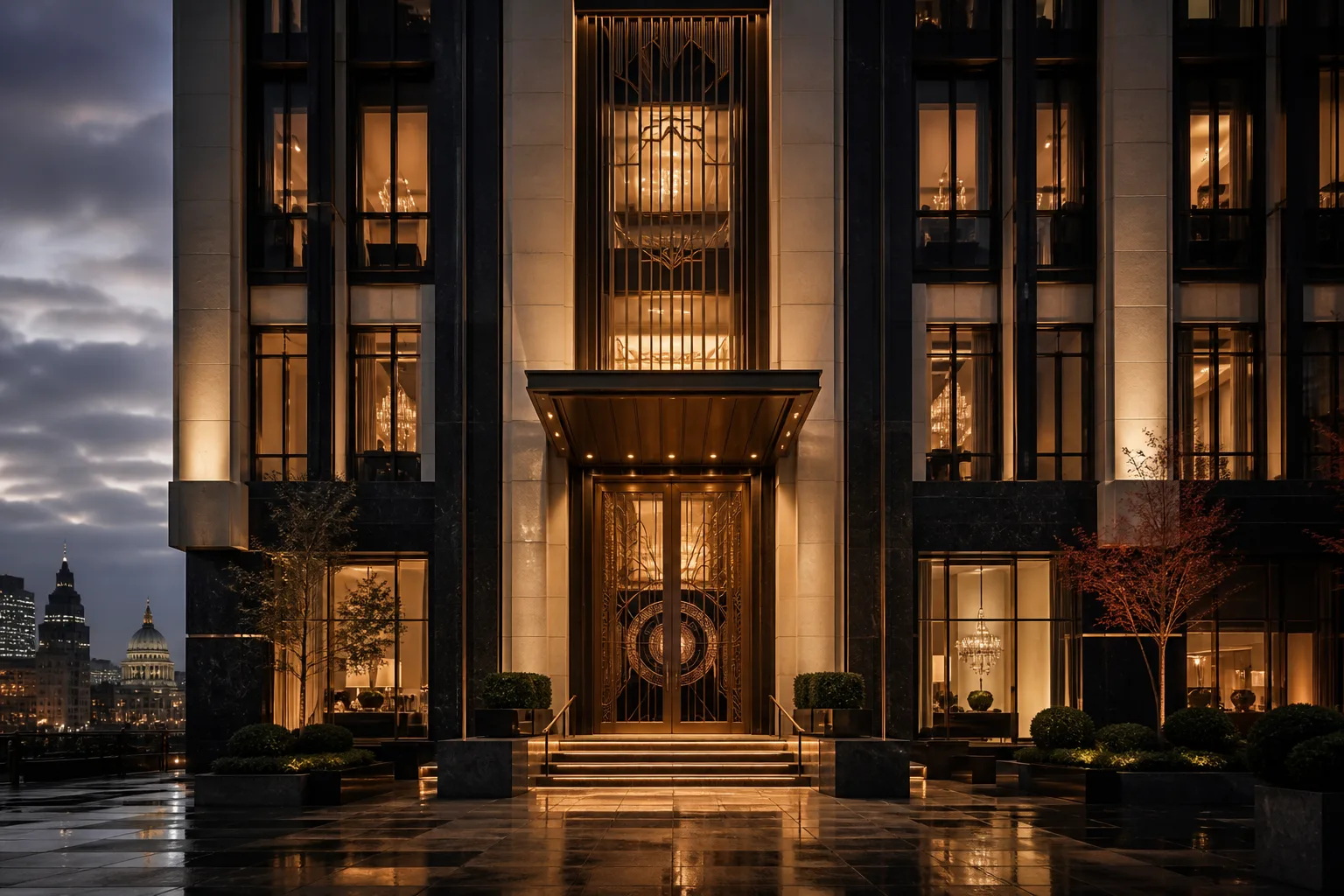 Grand Table House exterior illuminated at dusk