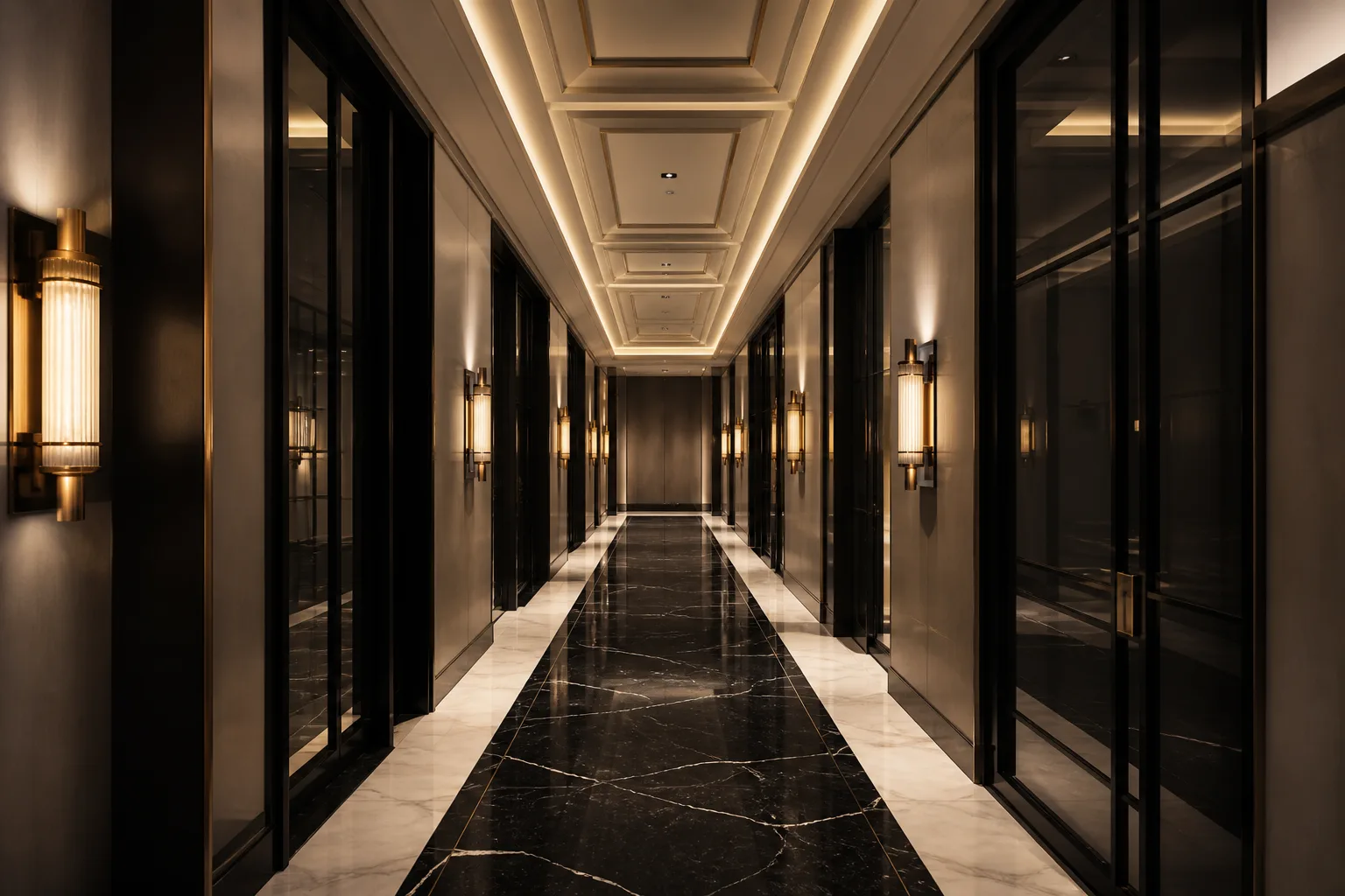 Hotel corridor with brass sconces