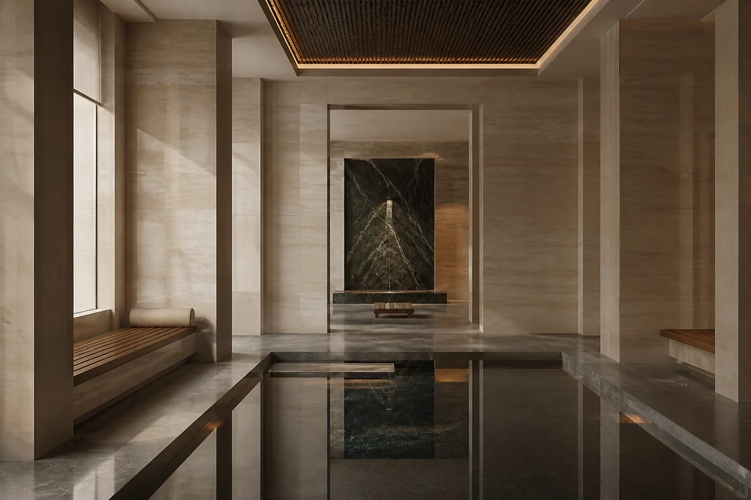 Spa wellness area with travertine and still water